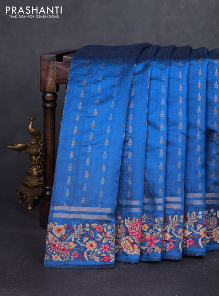 Pure dupion silk saree cs blue with allover zari woven buttas and zari woven embroidery border