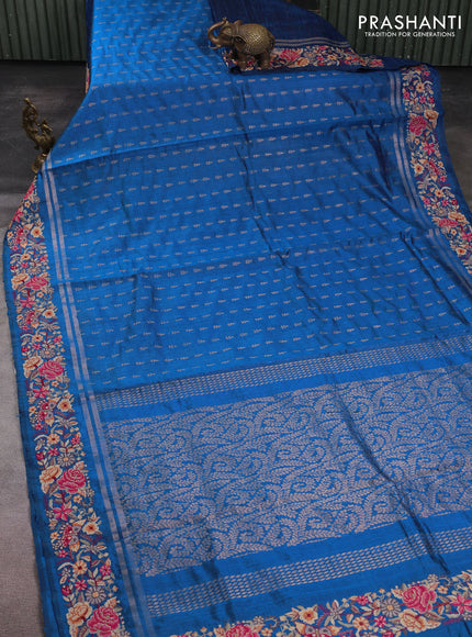 Pure dupion silk saree cs blue with allover zari woven buttas and zari woven embroidery border