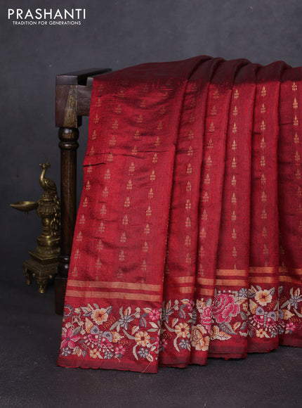 Pure dupion silk saree red with allover zari woven buttas and zari woven embroidery border