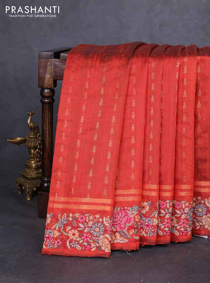 Pure dupion silk saree rustic orange with allover zari woven buttas and zari woven embroidery border