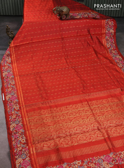 Pure dupion silk saree rustic orange with allover zari woven buttas and zari woven embroidery border