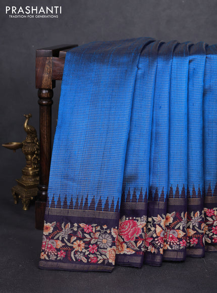 Pure dupion silk saree cs blue and dark blue with allover zari stripe weaves and temple design embroidery border