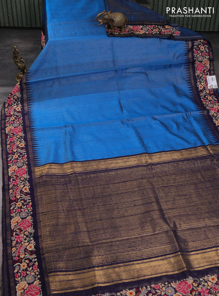 Pure dupion silk saree cs blue and dark blue with allover zari stripe weaves and temple design embroidery border