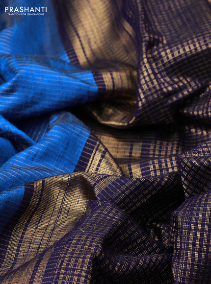 Pure dupion silk saree cs blue and dark blue with allover zari stripe weaves and temple design embroidery border
