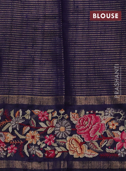 Pure dupion silk saree cs blue and dark blue with allover zari stripe weaves and temple design embroidery border