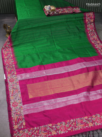 Pure dupion silk saree green and pink with allover zari woven buttas and zari woven embroidery border