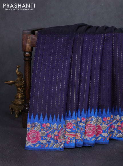 Pure dupion silk saree dark blue and cs blue with allover zari weaves and temple design embroidery border