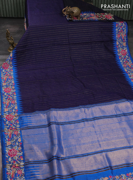 Pure dupion silk saree dark blue and cs blue with allover zari weaves and temple design embroidery border