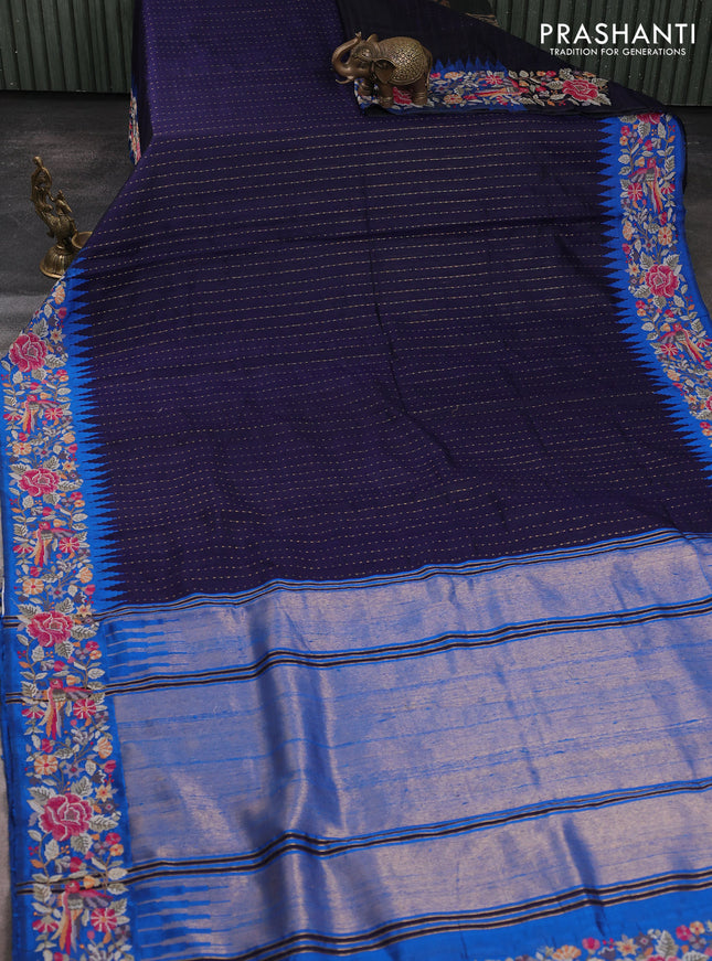 Pure dupion silk saree dark blue and cs blue with allover zari weaves and temple design embroidery border
