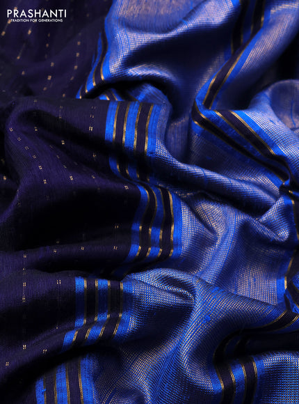 Pure dupion silk saree dark blue and cs blue with allover zari weaves and temple design embroidery border