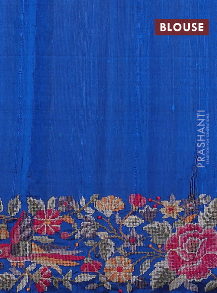 Pure dupion silk saree dark blue and cs blue with allover zari weaves and temple design embroidery border