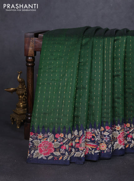 Pure dupion silk saree sap green and navy blue with allover zari woven buttas and zari woven embroidery border