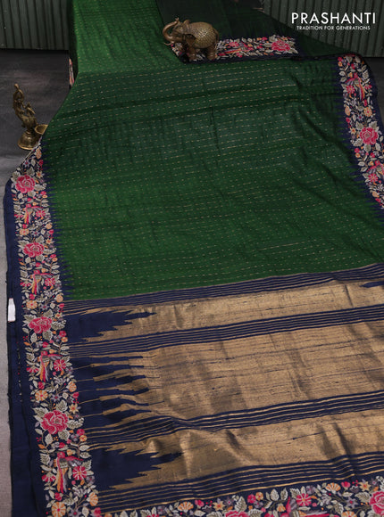 Pure dupion silk saree sap green and navy blue with allover zari woven buttas and zari woven embroidery border
