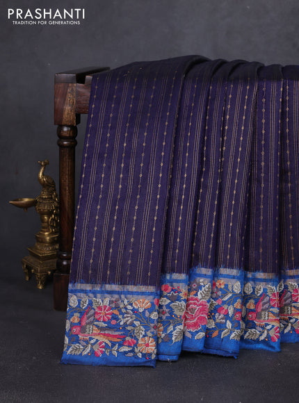Pure dupion silk saree dark blue and cs blue with allover zari weaves and zari woven embroidery border