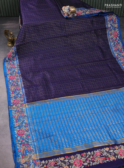 Pure dupion silk saree dark blue and cs blue with allover zari weaves and zari woven embroidery border