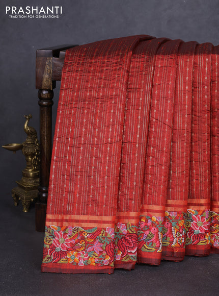 Pure dupion silk saree rustic orange with allover zari weaves and zari woven embroidery border