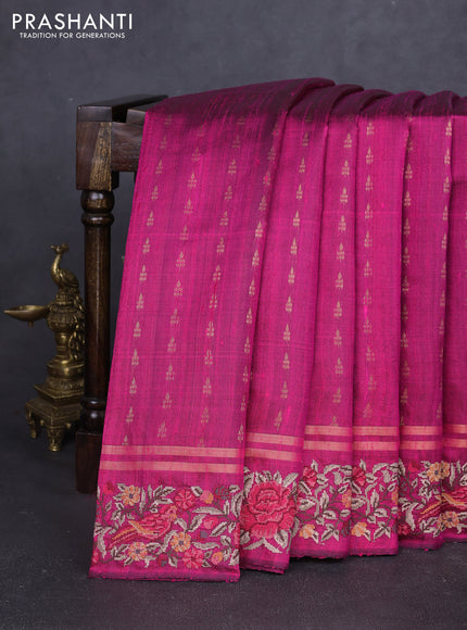 Pure dupion silk saree magenta pink with allover zari woven butta weaves and zari woven embroidery border