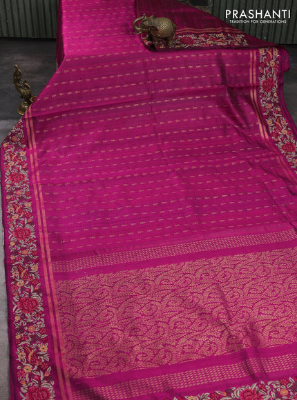 Pure dupion silk saree magenta pink with allover zari woven butta weaves and zari woven embroidery border