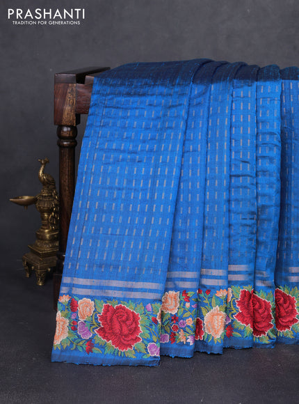 Pure dupion silk saree cs blue with allover zari woven butta weaves and zari woven floral embroidery border