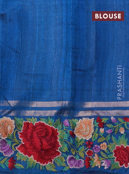 Pure dupion silk saree cs blue with allover zari woven butta weaves and zari woven floral embroidery border