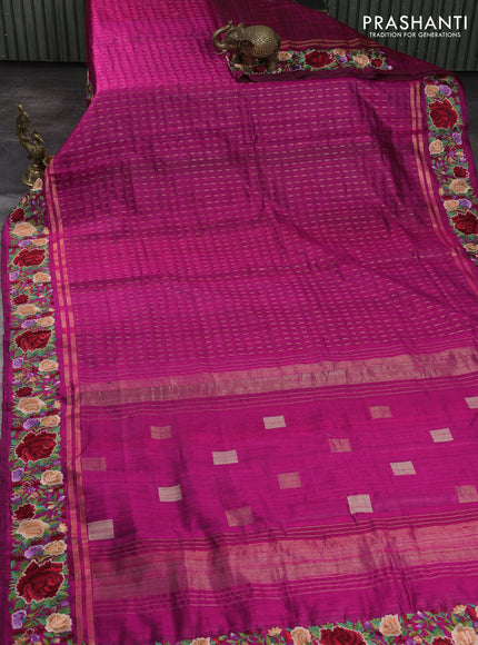 Pure dupion silk saree pink with allover zari woven butta weaves and zari woven floral embroidery border