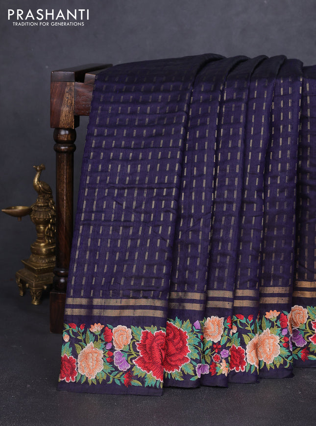Pure dupion silk saree navy blue with allover zari woven butta weaves and zari woven floral embroidery border