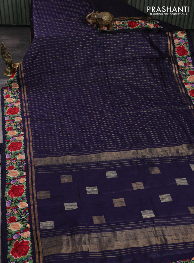Pure dupion silk saree navy blue with allover zari woven butta weaves and zari woven floral embroidery border