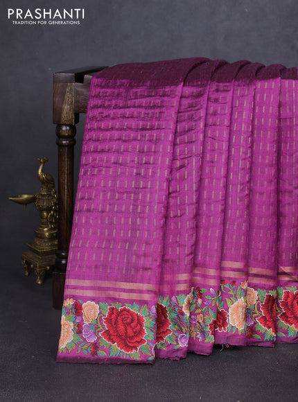 Pure dupion silk saree purple with allover zari weaves and zari woven floral embroidery border