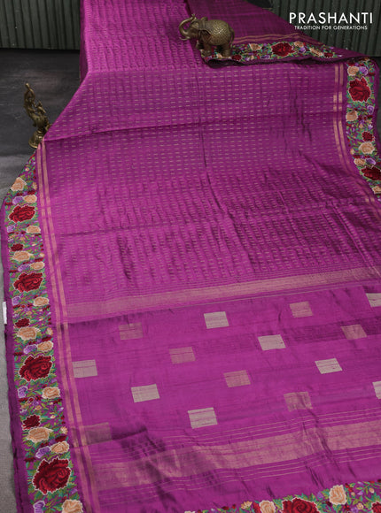 Pure dupion silk saree purple with allover zari weaves and zari woven floral embroidery border