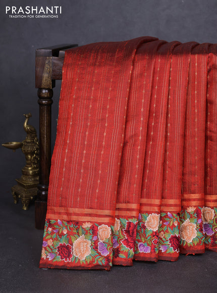 Pure dupion silk saree orange with allover zari weaves and zari woven floral embroidery border