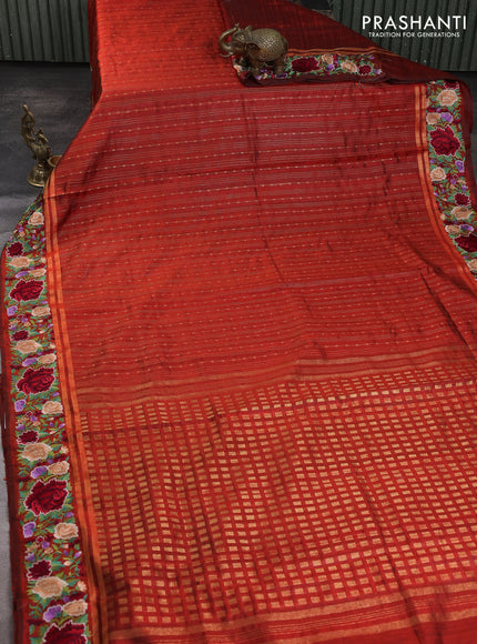 Pure dupion silk saree orange with allover zari weaves and zari woven floral embroidery border