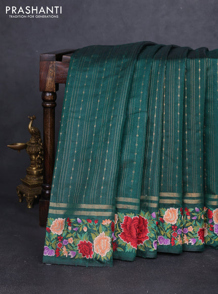 Pure dupion silk saree peacock green with allover zari weaves and zari woven floral embroidery border