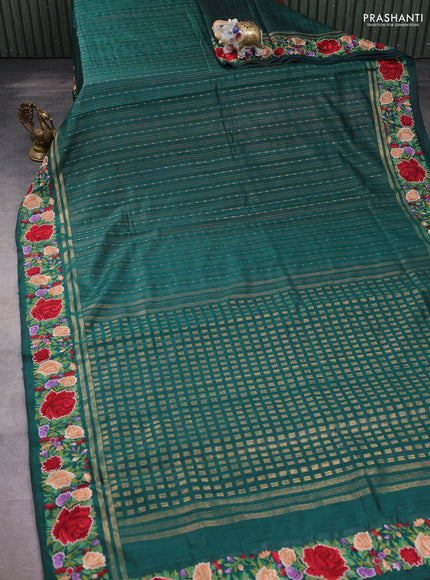 Pure dupion silk saree peacock green with allover zari weaves and zari woven floral embroidery border