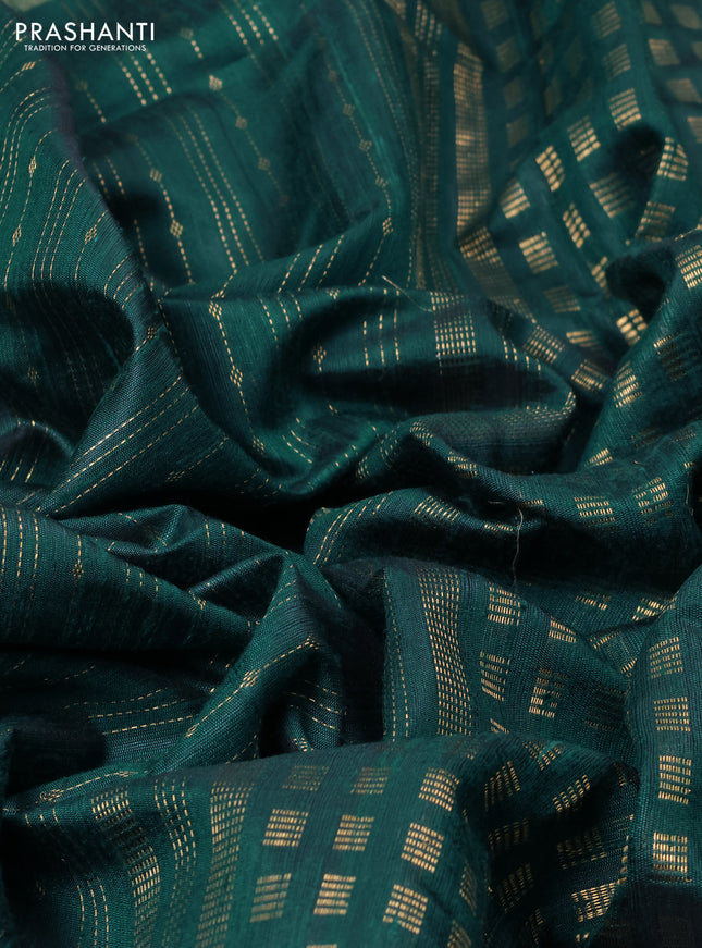 Pure dupion silk saree peacock green with allover zari weaves and zari woven floral embroidery border