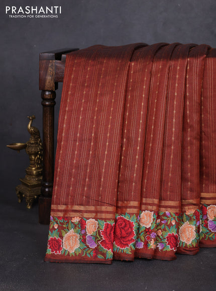 Pure dupion silk saree brown with allover zari weaves and floral design embroidery border