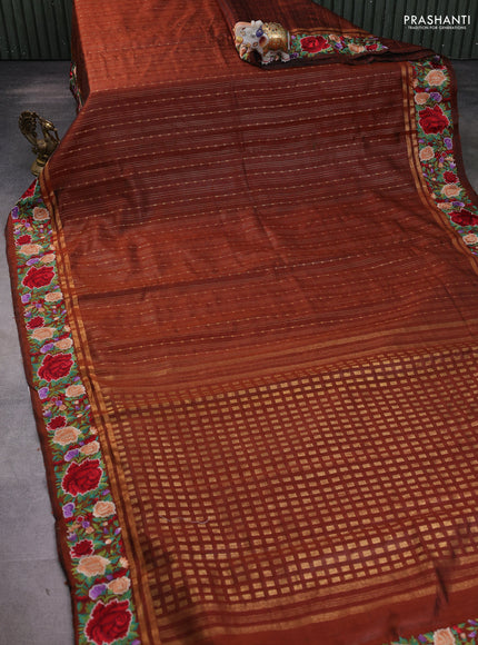 Pure dupion silk saree brown with allover zari weaves and floral design embroidery border