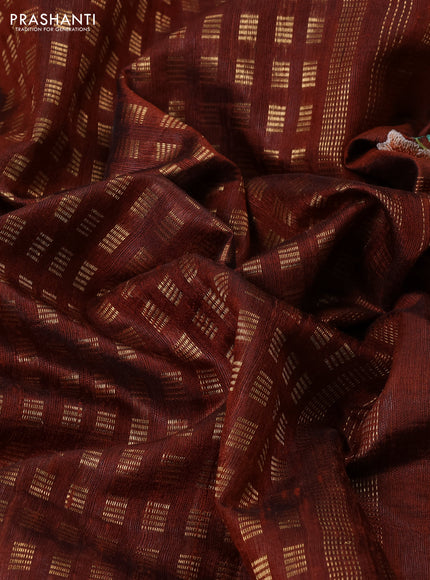 Pure dupion silk saree brown with allover zari weaves and floral design embroidery border