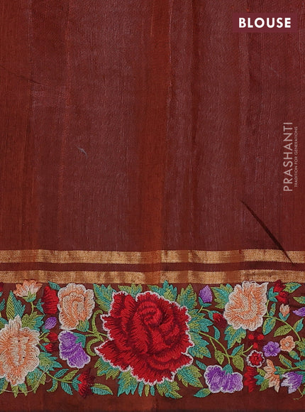 Pure dupion silk saree brown with allover zari weaves and floral design embroidery border