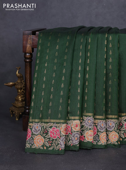 Pure dupion silk saree sap green with allover zari woven buttas and zari woven floral embroidery border