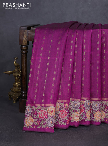 Pure dupion silk saree purple with allover zari woven buttas and zari woven floral embroidery border