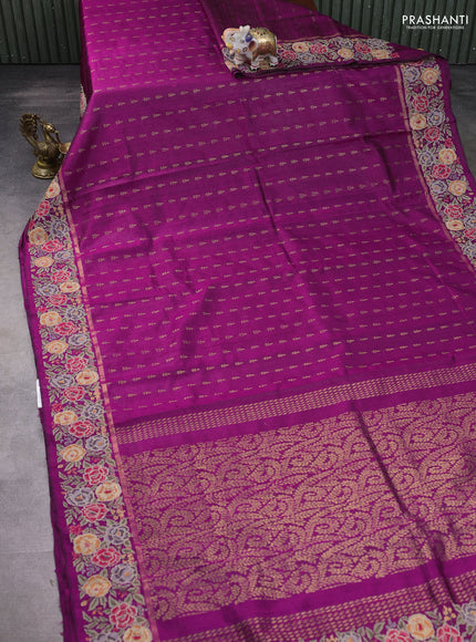 Pure dupion silk saree purple with allover zari woven buttas and zari woven floral embroidery border