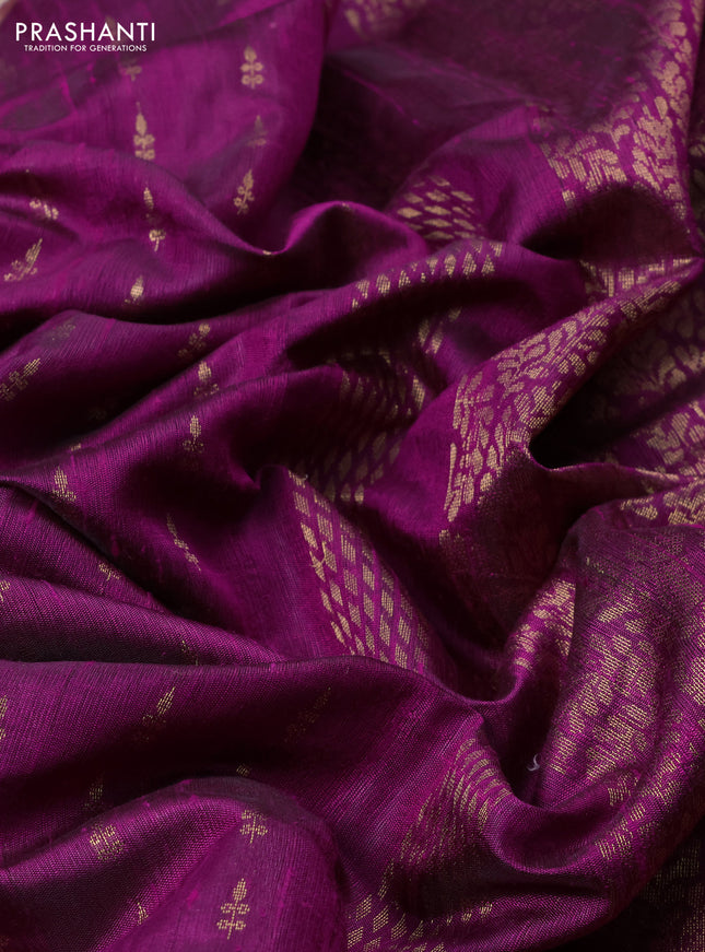 Pure dupion silk saree purple with allover zari woven buttas and zari woven floral embroidery border
