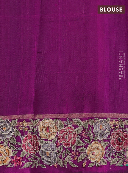 Pure dupion silk saree purple with allover zari woven buttas and zari woven floral embroidery border