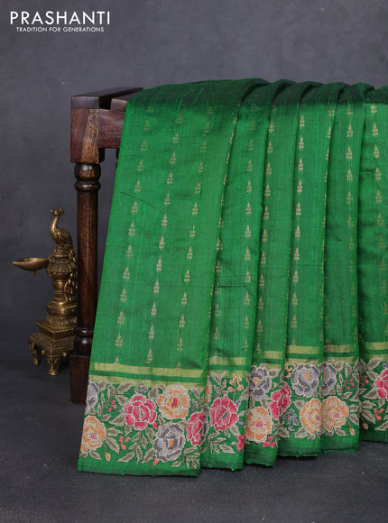 Pure dupion silk saree green with allover zari woven buttas and zari woven floral embroidery border