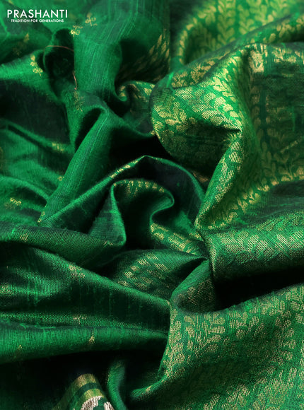 Pure dupion silk saree green with allover zari woven buttas and zari woven floral embroidery border
