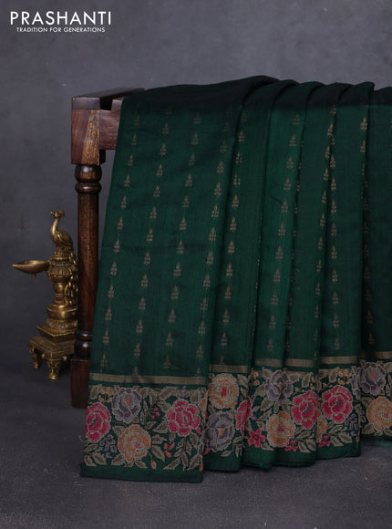 Pure dupion silk saree dark peacock green with allover zari woven buttas and zari woven floral embroidery border