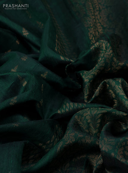 Pure dupion silk saree dark peacock green with allover zari woven buttas and zari woven floral embroidery border