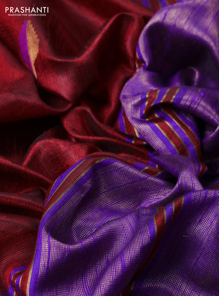 Pure dupion silk saree maroon and violet with thread & zari woven leaf buttas and temple design embroidery border