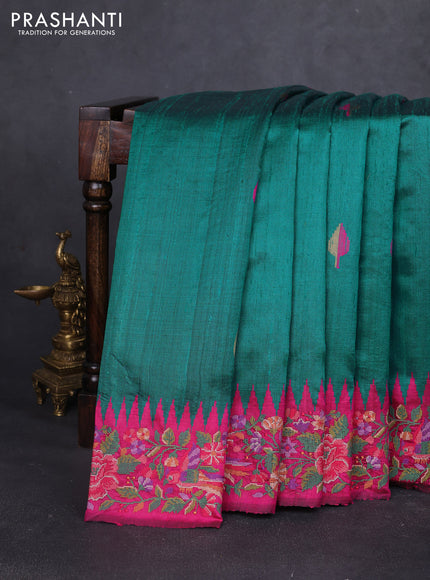 Pure dupion silk saree teal green and magenta pink with thread & zari woven leaf buttas and temple design embroidery border