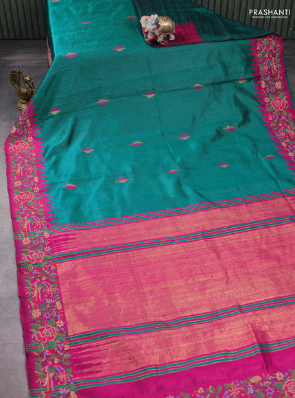 Pure dupion silk saree teal green and magenta pink with thread & zari woven leaf buttas and temple design embroidery border